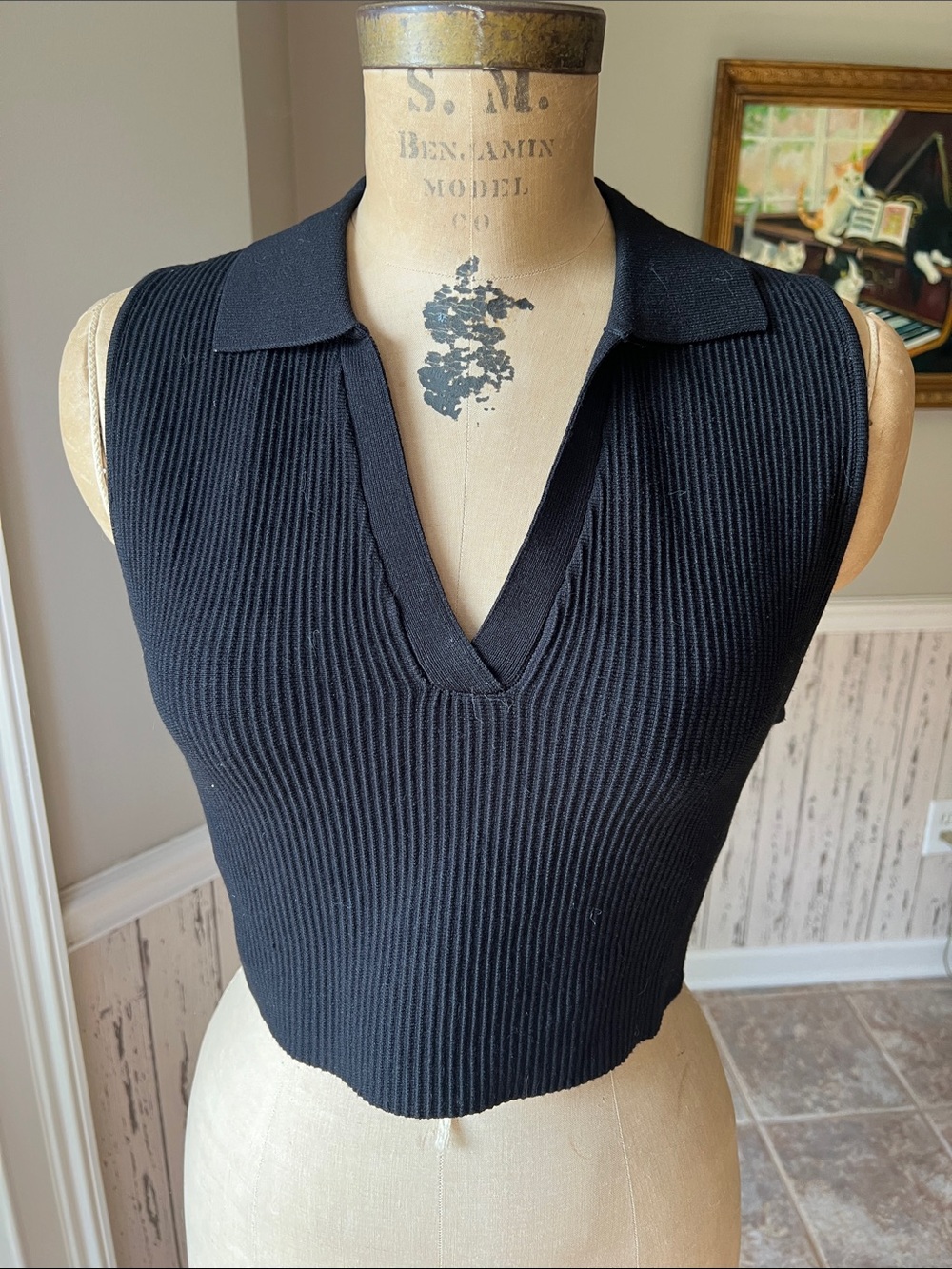 eesome Black Ribbed Sleeveless Polo Crop Top